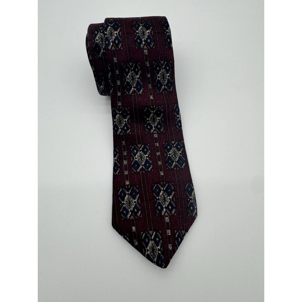 Jonathan Bennett Silk Tie USA Burgundy Blue Geometric Medallion Necktie Classic